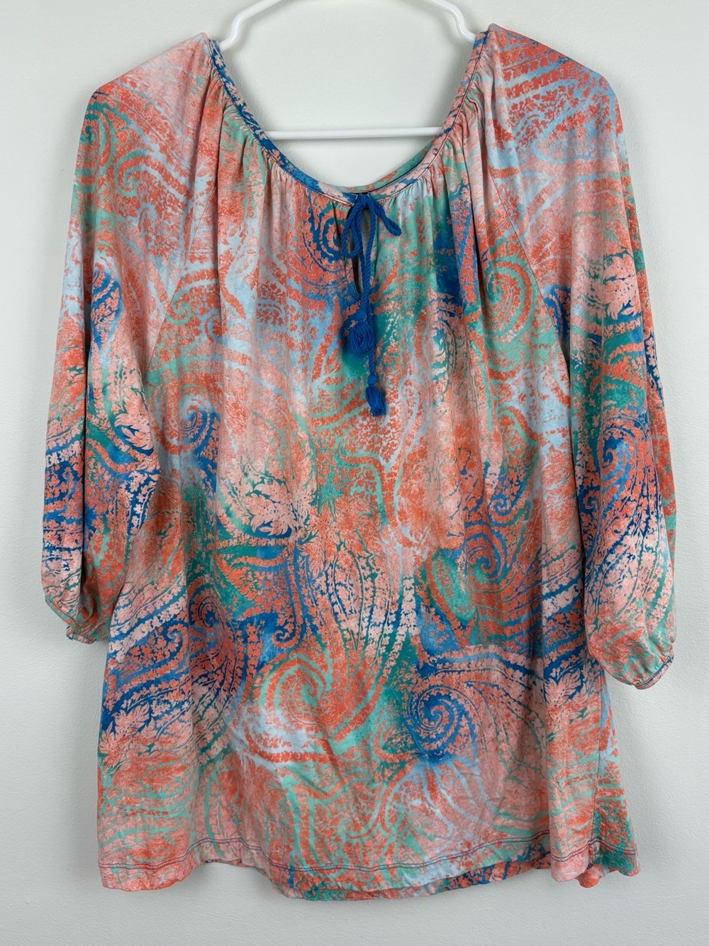 LRL Ralph Lauren Paisley Tie-Neck Peasant Blouse 1X EUC Boho Chic 100% Cotton